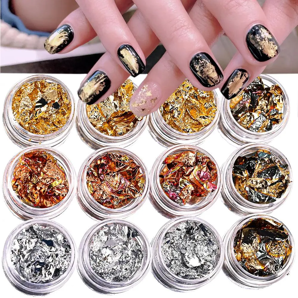 1-12pcs Aluminum Nail Flakes Foils Set Gold Silver Irregular Paillette Nail Art Sequins Decorations Glitter Sticker for Manicure