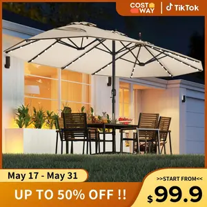 COSTWAY 15/13Ft Solar Patio Umbrella with Base, Extra Large Outdoor Double-Sided Twin Umbrella with 36 LED Lights & Crank Handle for Garden, Deck, Poolside, Patio