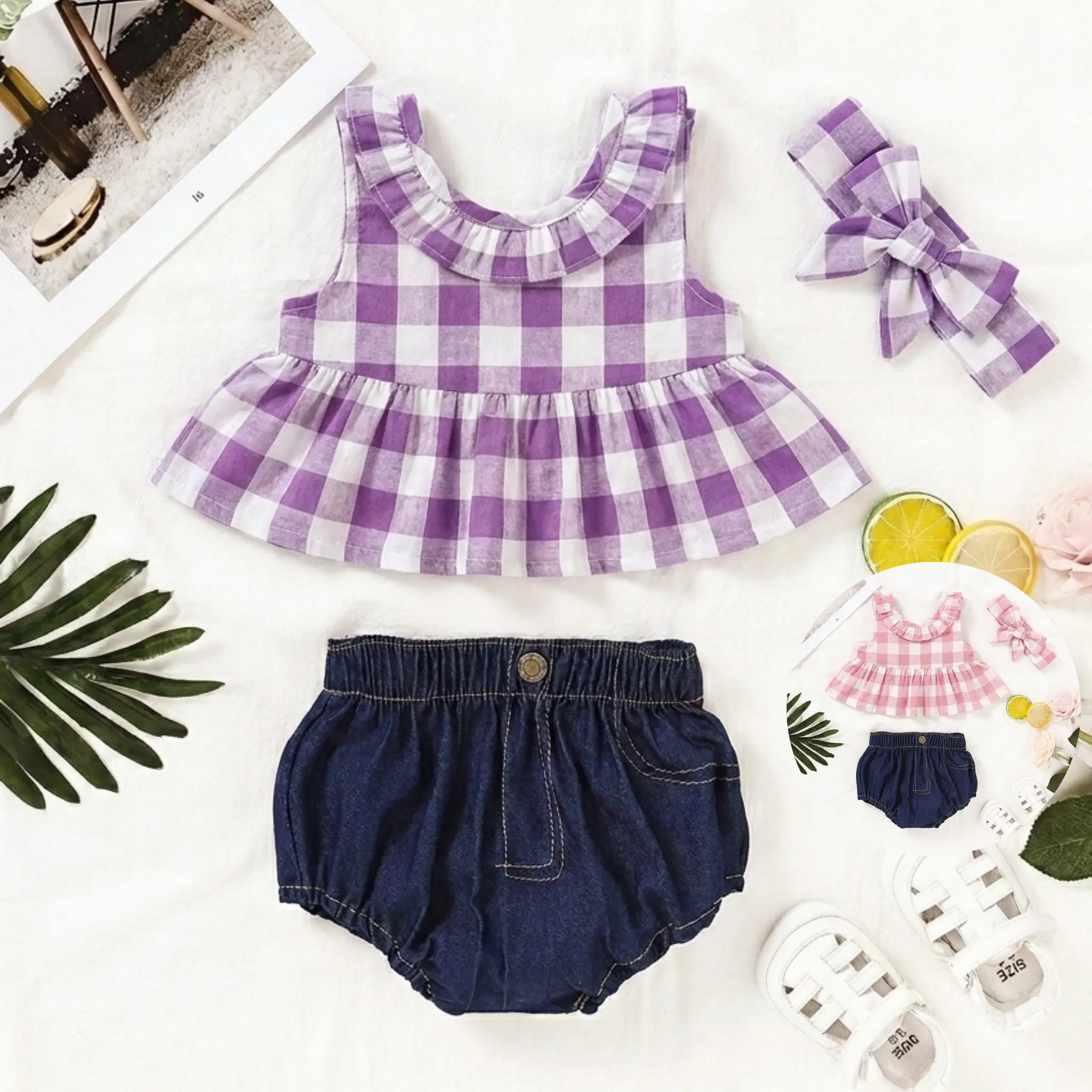 Baby Girl Summer Outfit Set Short Sleeve Top Denim Pants Headband Casual Toddler Clothes