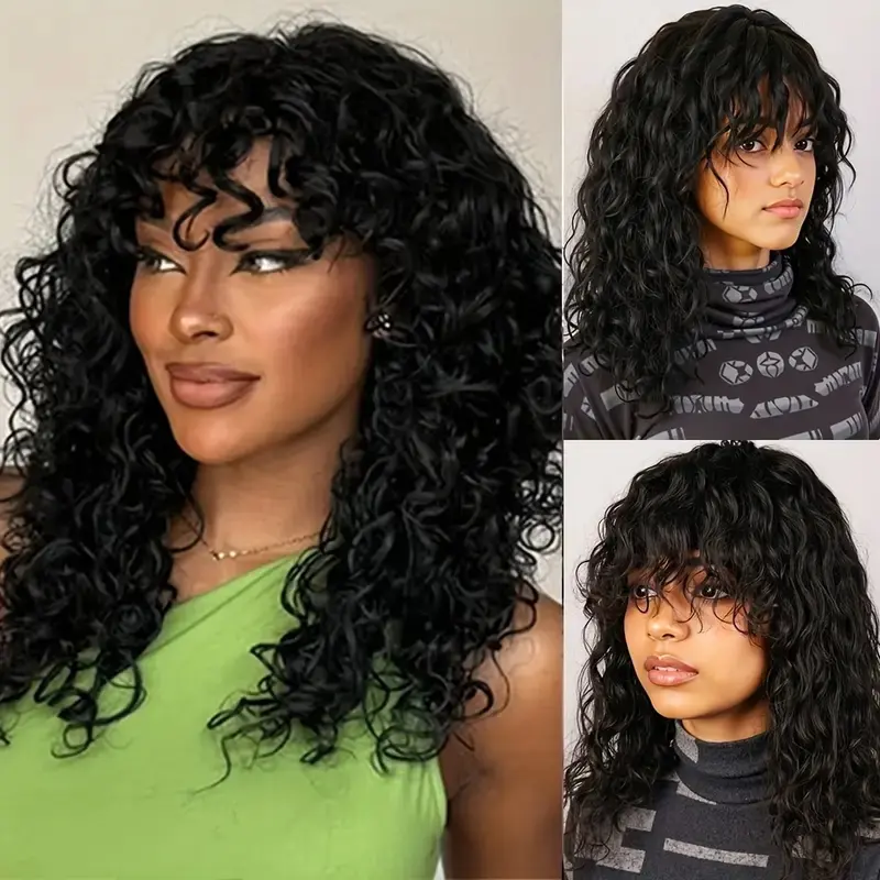 Curly Wig with Bangs for Women, 16 Inch Natural Black Curly  display picture 1