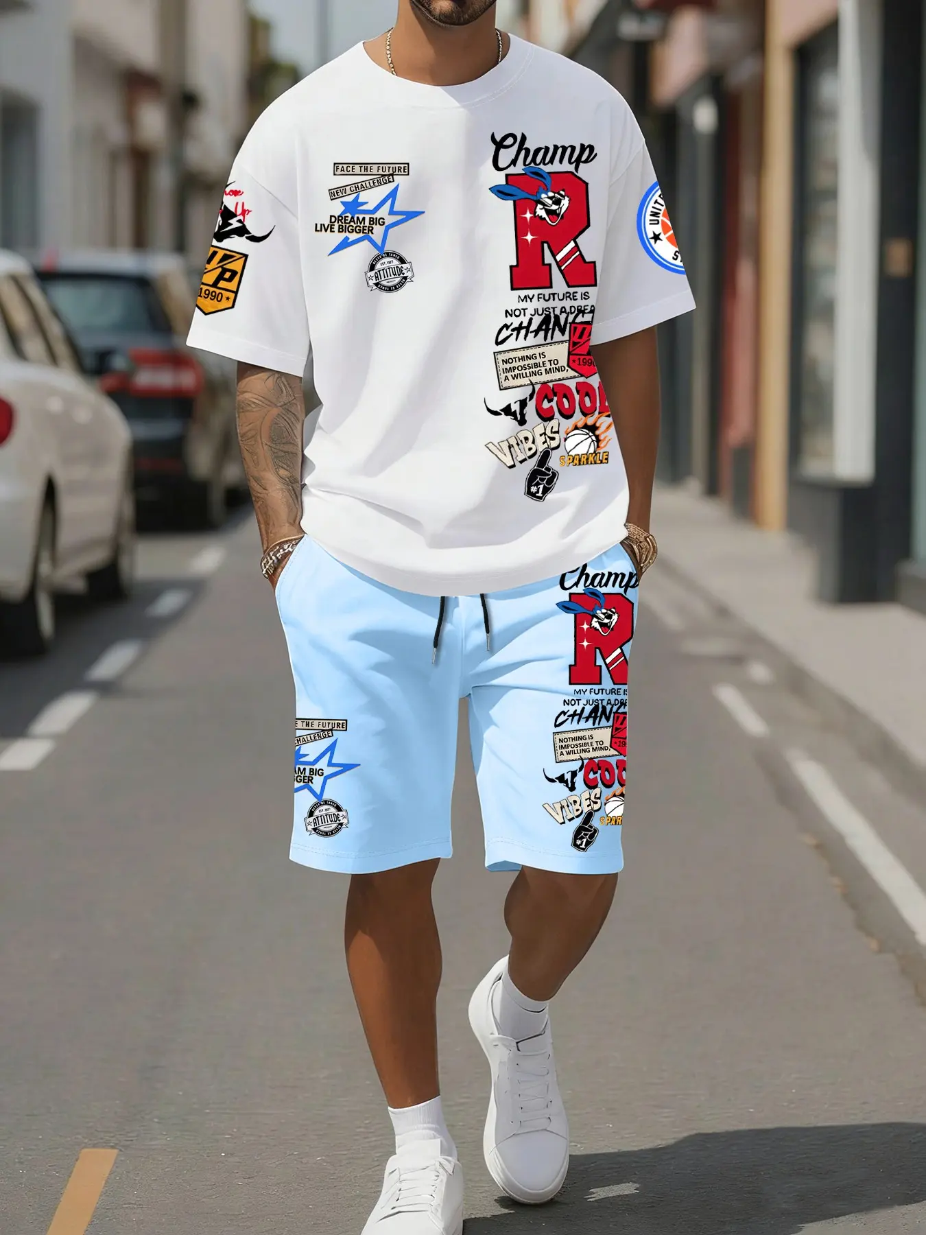 Men's Casual Short Sleeve T-Shirt and Sport Shorts Set, T-Shirt with Light Blue Shorts, Print, Comfortable Versatile Fit, Outfit, Menswear
