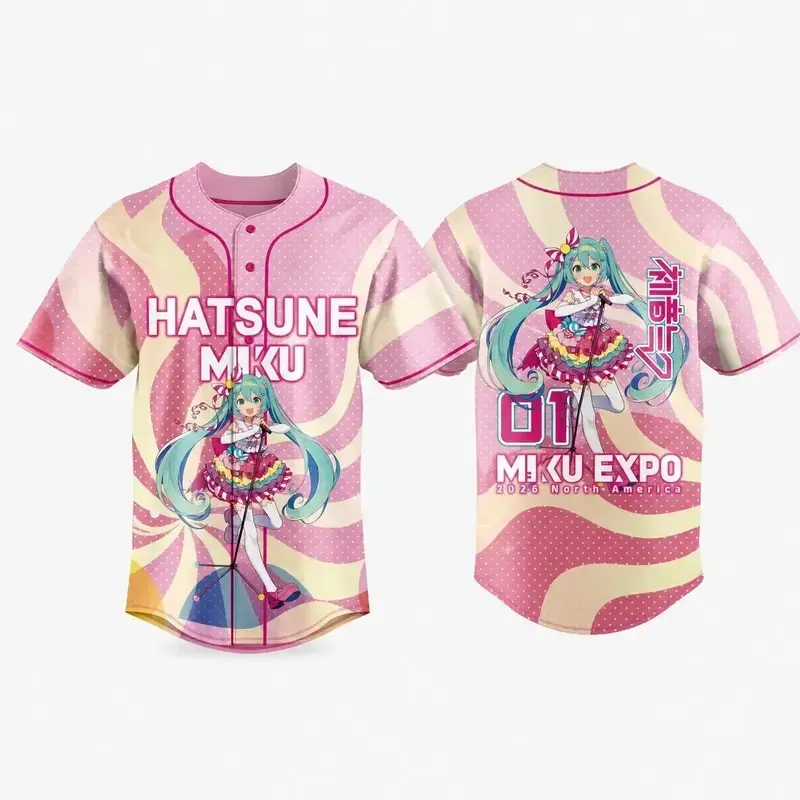 Hatsune Miku Expo Pastel Pink Kawaii Anime Baseball Jersey Vocaloid Cosplay Streetwear Graphic Button Up Athletic Shirt Oversized Aesthetic Outfit Cute J-Pop Concert Merch Gift