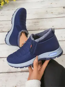 (Runs small 1 size) Warm Fleece Lined Slip-On Sneakers, Trendy Walking Sneaker, Anti-Slip Soft Sole Casual Shoes, Comfortable Versatile Footwear for Daily Wear