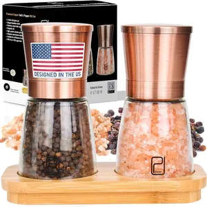 PJC-Kitchen Salt and Pepper Grinder Set with Bamboo Holder - Refillable Copper Stainless Steel Spice Mills 6oz with Adjustable Coarseness, Magnetic Lids and Ceramic Grinding Mechanism