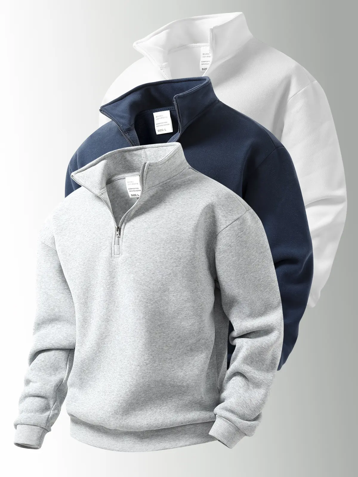 3-pack Men's Quarter Zip Stand Collar Sweatshirt, Solid Color Ribbed Cuff Casual Pullover, Warm Fall Winter Daily Top. Loose fit, quarterzip stand collar design,comfortable,minimalist solid color design,suitable for daily commuting,school,fall new release
