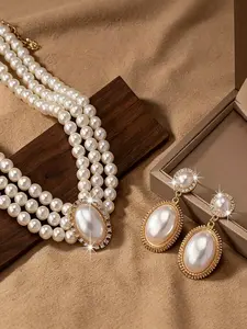 2pcs Fashion imitation pearl necklace and a pair of earring sets, clothing layered kink pearl necklaces, imitation pearl necklaces and earrings sets, good gifts for women, artificial pearl necklaces and earrings sets, imitation pearl necklaces and earring