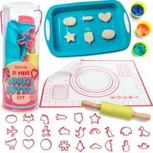 Cookie Cutter Set For Kids, 24 Assorted Cookie Cutters - With Rolling Pin, Silicone Baking Pan, and Non-Stick Baking Mat - BPA-Free
