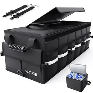 Black Car Trunk Organizer with 3 Compartments, Medium Foldable Storage Bin with Lid and Cooler Bag, Heavy Duty Trunk Storage Box for Groceries, Tools and Travel Essentials, Space Saving Car Organizer for SUV and Sedan