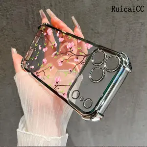 Branch Cherry Blossom Pattern Four Corner Anti-Fall Phone Case Transparent Electroplated Protective Cover for iPhone 17 Pro Max 16 Air 15 Plus 14 13 12 11 Samsung Galaxy S26 S25 S24 S23 S22 FE Plus Ultra