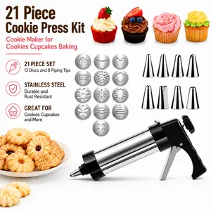 MIUVA Kitchen Supplies  21 Piece Stainless Steel Cookie Press Kit with 13 Discs 8 Piping Tips Cookie Maker Baking Set for Cookies Cupcakes and Dessert Decorating