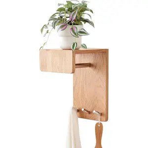 Oak Wood Peg Shelf, Wall Mounted Coat Rack with 5 Peg Hooks, Floating Entryway Peg Shelf for Bedroom, Living Room, Kitchen (Natural, 20 Inch)