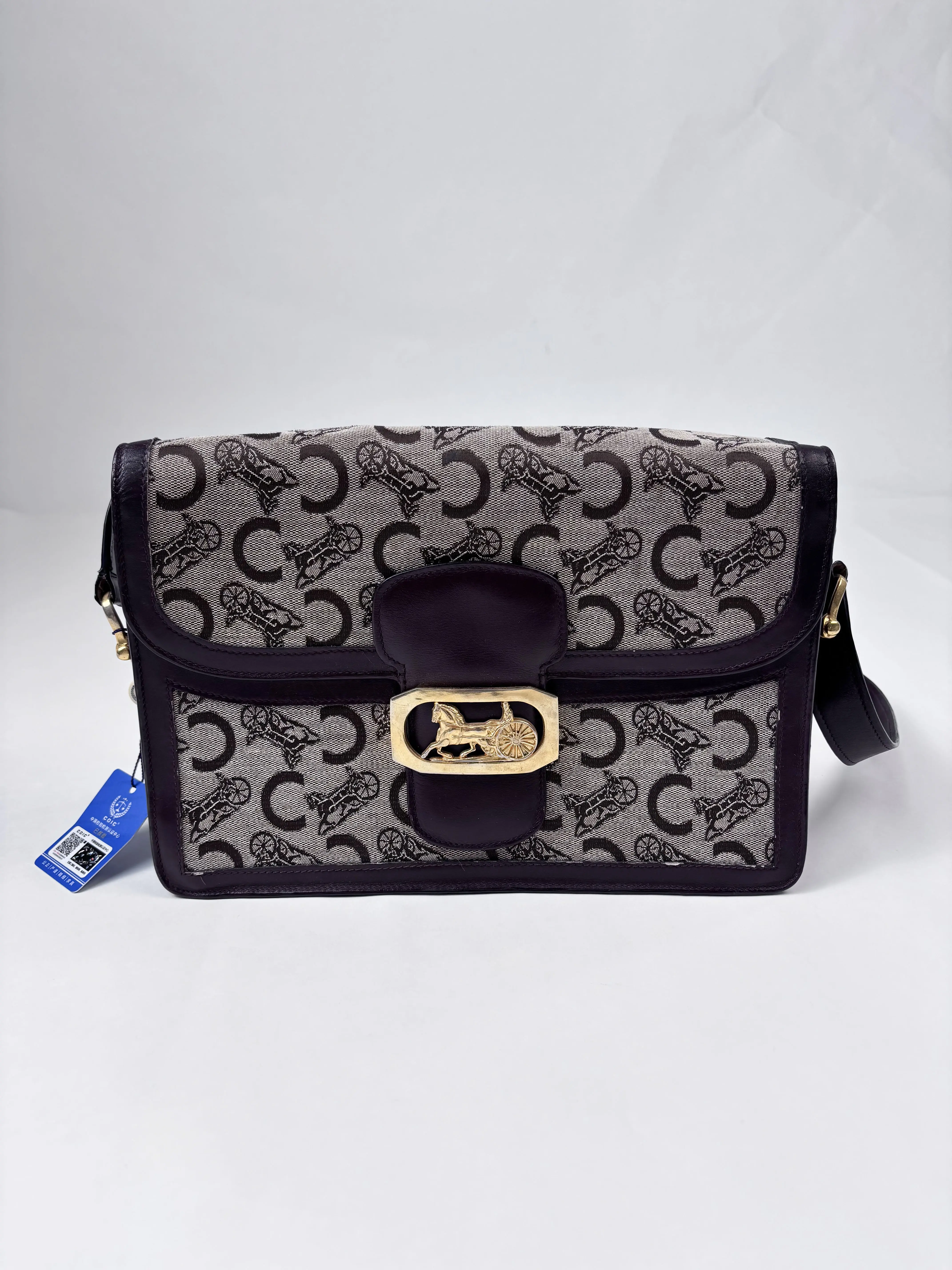 Pre-owned coach Leather Shoulder bags Vintage Horse Carriage Monogram Jacquard Dark Purple Trim Shoulder Crossbody Bag