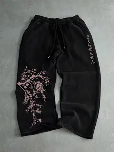 Japanese Cherry Blossom Japanese Text Print Vintage Wide Leg Sweatpants, Casual Geometric Pattern Winter Trousers, Unlined Fitted Design