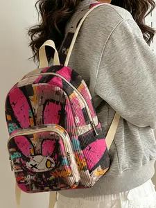 1 piece of graffiti rabbit pattern 2D printed ladies' backpack with velvet texture + layered storage + light weight reduction | Perfect for students going to class/shopping/short trips | Combines atmosphere with practicality