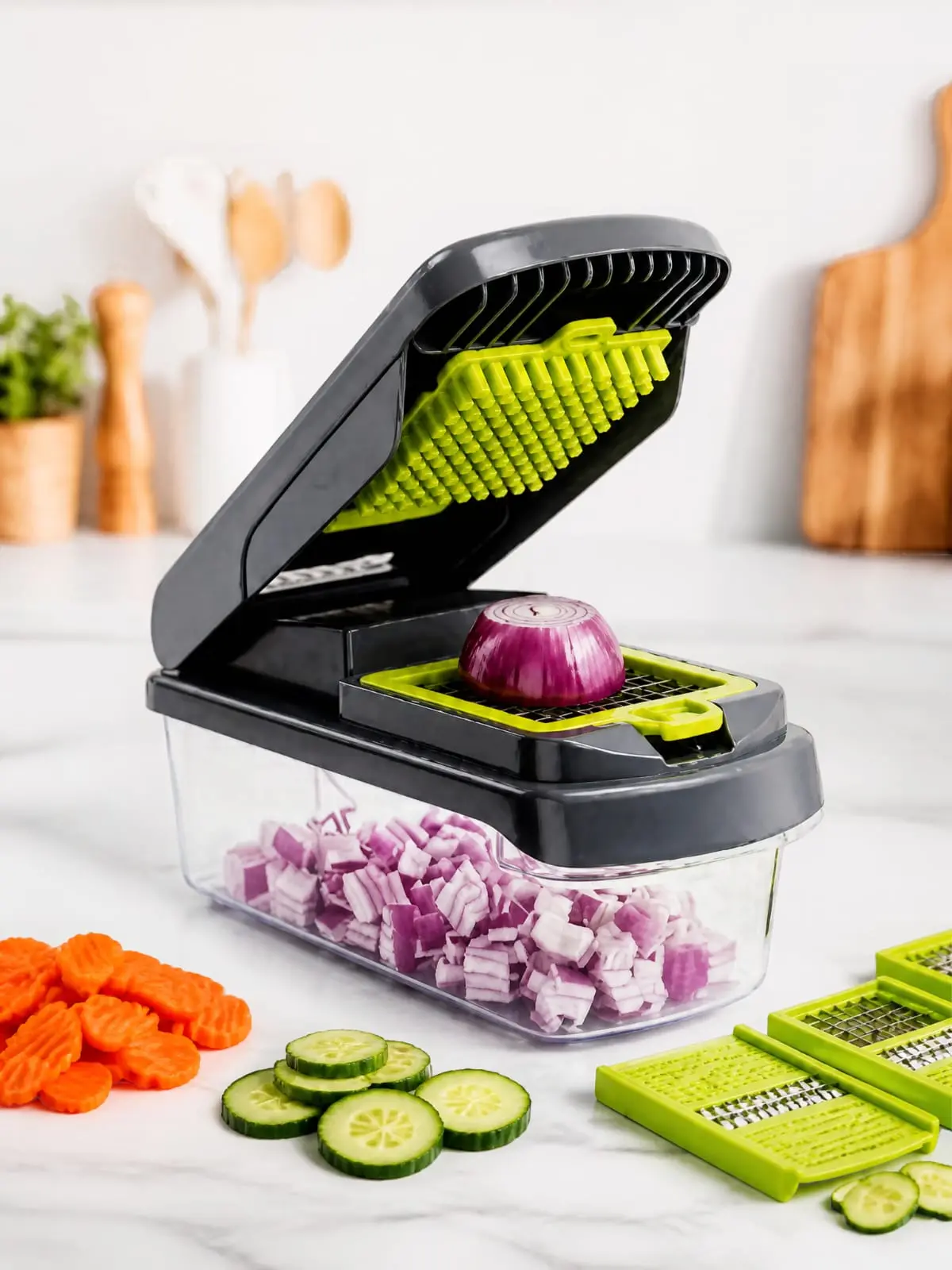 14-in-1 Vegetable Chopper Cutter with Stable Non-Slip Base, Food-Grade ABS Plastic Container, Stainless Steel Mandoline Slicer, Fruit Dicing & Salad Prep Tool with Hand Guard