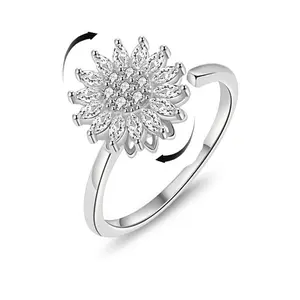 Unisex Flower Sunflower Fidget Spinner Ring - Adjustable Band CZ Anxiety Aid Jewelry, Elegant Look, Perfect Birthday Gift Box for Trendy Fashion Accessories
