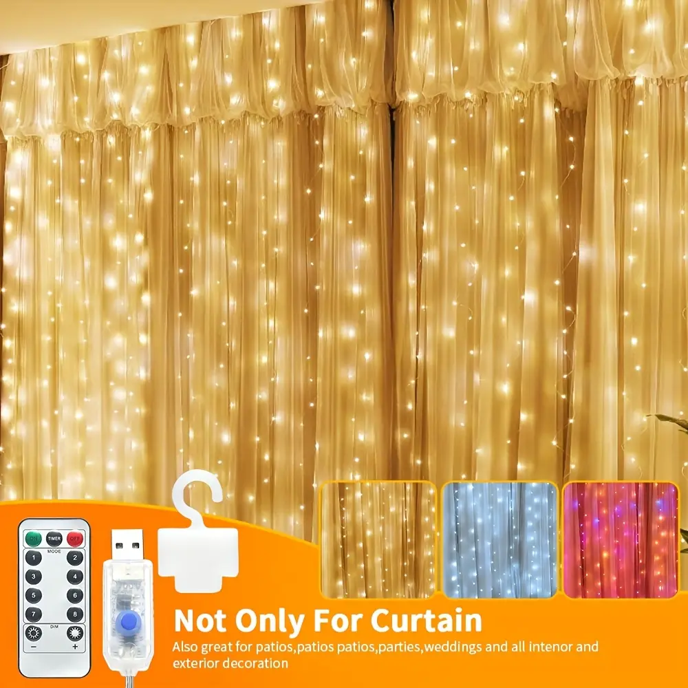 1pc Brushed Metal Finish Fantasy Curtain LED Light - 300 LEDs, USB Powered, Remote & Touch 8 Modes, Home Lighting, for Room & House Decor, Valentine's Day Weddings Party