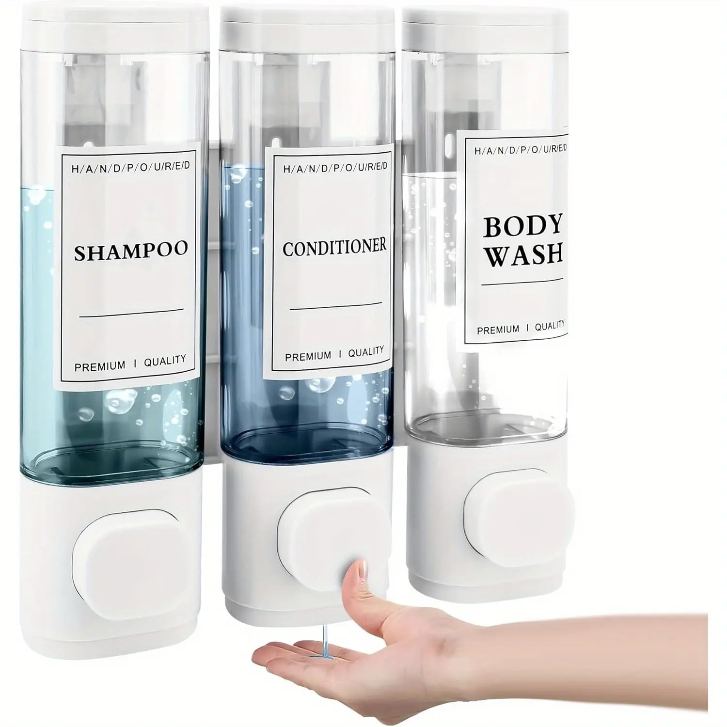 1pc Wall Mounted Soap Dispenser, Phthalate Free, Three in One, Non-Electric, ABS Plastic Material, No Drilling Required, with Shower Gel, Shampoo and Conditioner Functions, for Bathrooms, Kitchens, Markets, Hotels, Restaurants Black
