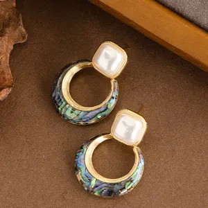 Natural Abalone Shell Pearl Hoop Earrings for Women 18K Gold Plated Boho Vacation Statement Jewelry