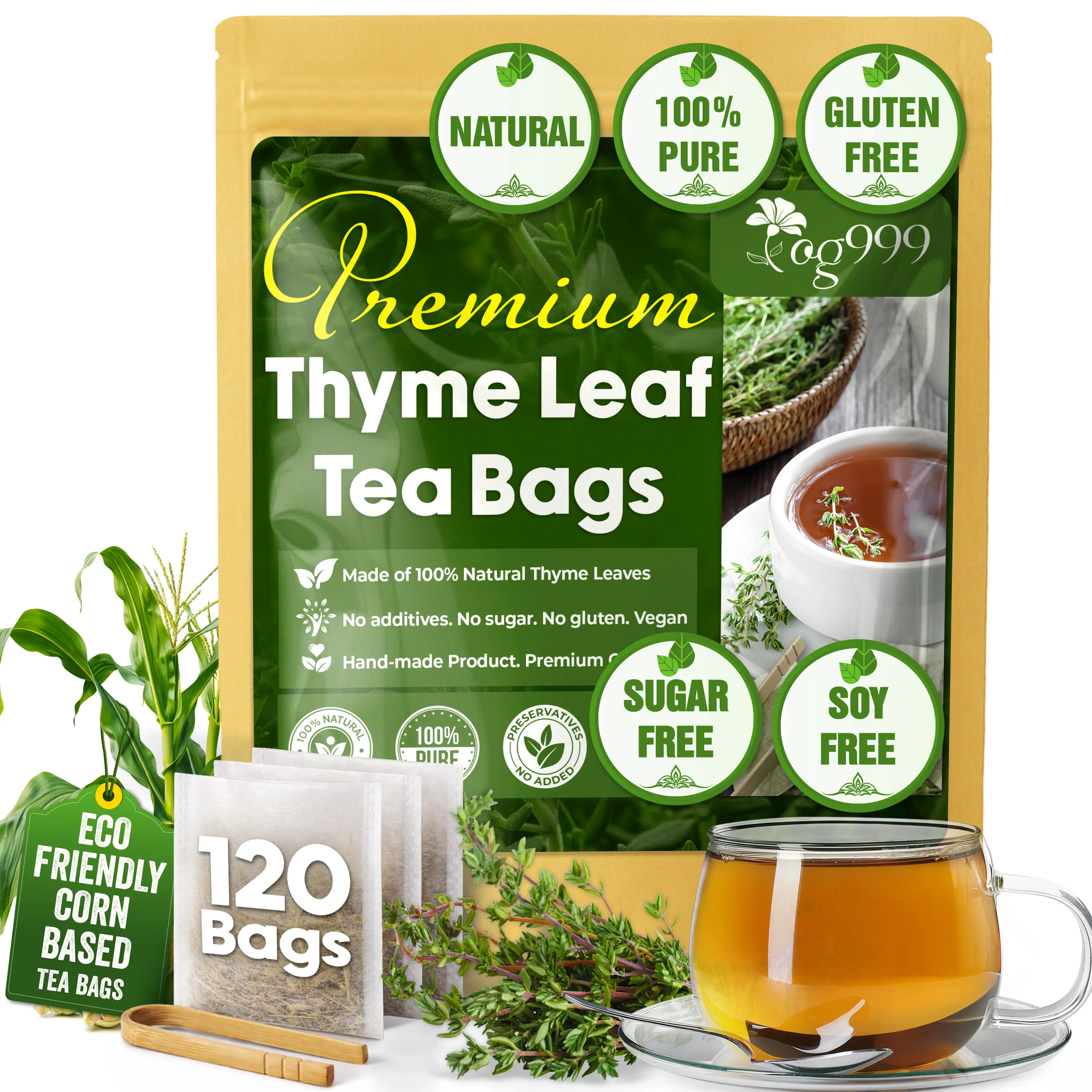 【FreshDrinkUS】 120 Thyme Leaf Tea Bags, 100% Natural & Pure Thyme Leaves. Loose Leaf Thyme Herbal Tea. Thyme Leaf Tea. No Sugar, No Caffeine, No Gluten, Vegan. Beverage