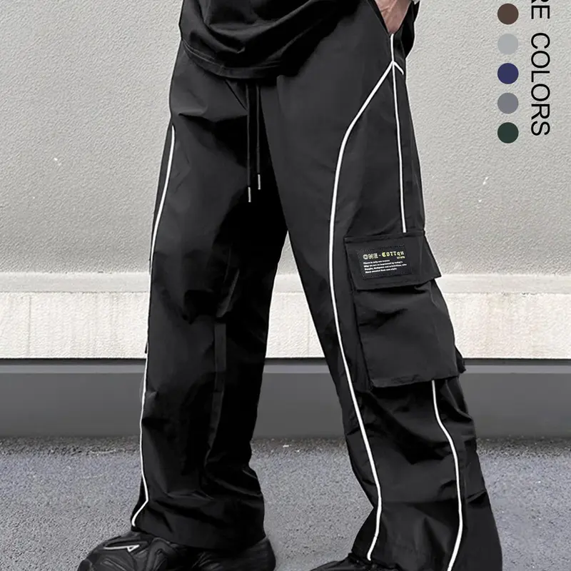 Men's Loose Baggy Letter Patched Contrast Binding Pocket Detail Drawstring Cargo Pants, Mens Pants, Casual Trousers for Spring Fall Winter, Menswear