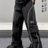 Men's Loose Baggy Letter Patched Contrast Binding Pocket Detail Drawstring Cargo Pants, Mens Pants, Casual Trousers for Spring Fall Winter, Menswear