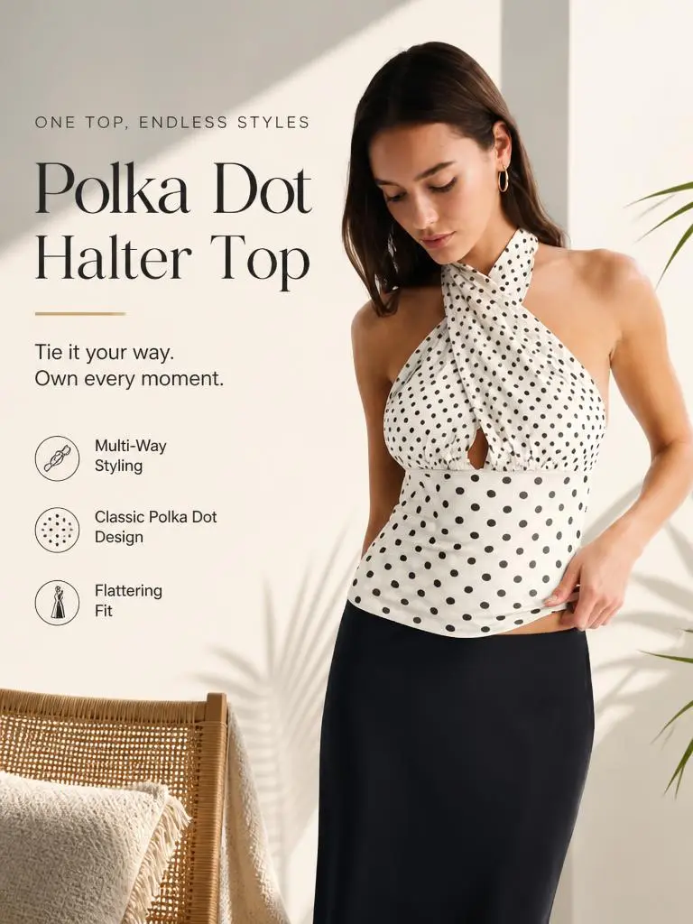 [Multiple Ways to Wear] Women's Summer Sexy European and American Style Retro Deep V-Neck Elastic Polka Dot Halter Neck Top Color Block Patchwork Camisole Vest Tie-Waist Slimming Backless Mesh Top