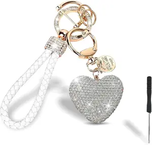 Sparkly  Key Chain, Rhinestones Heart Shape Key Fob Holder for Women, Personalized Christmas Valentine's Day Presents (White)