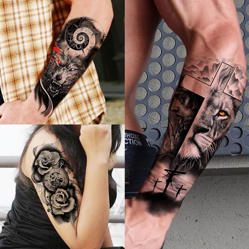 36 Sheets Large Half Arm Sleeve Temporary Tattoos For Men Women Forearm, Tribal Wolf Tiger Lion Owl Skull Temp Halloween Fake Tattoo Stickers Adults, Black Realistic Tattoo Flower Rose Animals