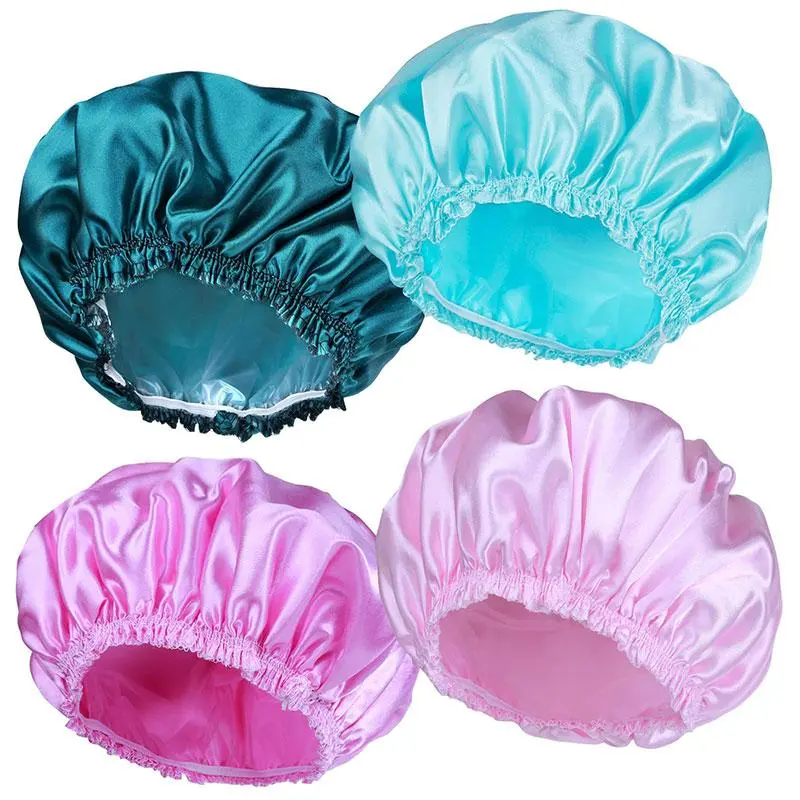 Solid Color Bathing  Shower Cap, 4 Counts Elastic and Reusable Bath Cap, Double Layers Waterproof Shower Cap, Satin Shower Cap, Shower Cap Set, Reusable Shower Caps