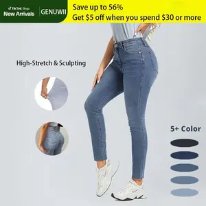 GENUWII Blue High Waisted Jeans - No-Gap Tummy & Booty Lift - Stretchy Figure-Flattering Jeggings - Comfy Street Style