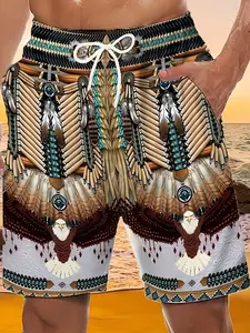 Ethnic Print Men's Beach Pants, Summer Quick-Dry Casual Shorts, Slim-Fitting Above Knee, Perfect for Beach Vacations, Beach Swim Trunks