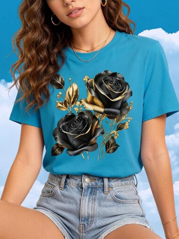 Women's High-Quality Cotton Vintage Fitted Cropped T-Shirt - Casual Top, Comfortable Lightweight Basic Crew Neck Short-Sleeve, Luxury Golden Rose Floral Print, Boho Elegant Cute Matching Valentine's Day Summer Wear