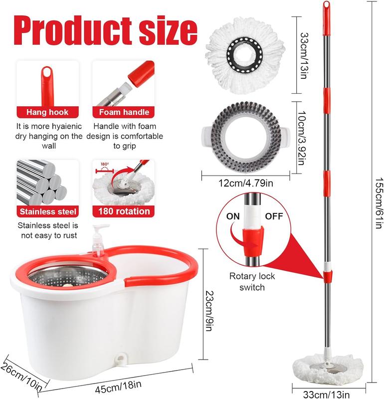 Spin Mop and Bucket with Wringer Set, 360° Spinning Mop Bucket System with 6 Microfiber Mop Replacement Heads and 61" Stainless Steel Adjustable Handle for Floor Cleaning (20QT)