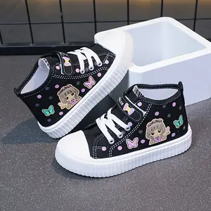 High-Top Canvas Sneakers with Cartoon Butterfly Design - Breathable, Non-Slip Rubber Sole Casual Shoes, Hook-and-loop Fastener Strap Closure