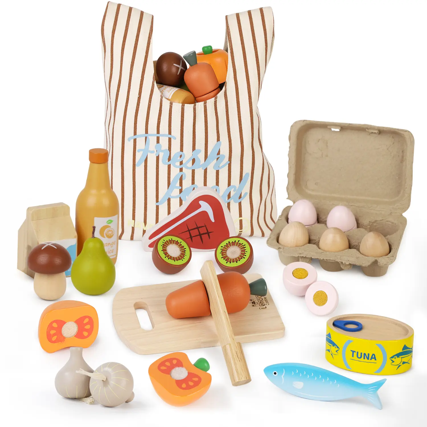 Lehoo Castle Wooden Pretend Play Food Sets for Kids Kitchen, Food Toys for Kids, with Shopping Bag, Pretend Food Play Kitchen Cutting Fruits Vegetable