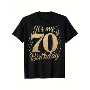 [100% Cotton] 100% Cotton70Th Birthday Celebration Unisex T-Shirt - Casual Short-Sleeve Tee With Golden Glittery It'S My 70Th Birthday Print Black Sizes S-XXXL Soft & Breathable Lightweight Machine Washable Regul, PLUS SIZE