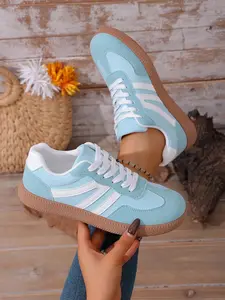 2026 Spring Light Blue Striped German Training Shoes, Tennis Walking Shoes, Low-Top Lace-Up Casual Sports Sneakers, Comfortable and Stylish Footwear