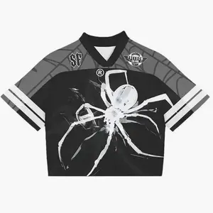 Spider Print Cropped Mesh Jersey V-Neck Number 24 Saint Faith Gothic Streetwear Summer Athletic