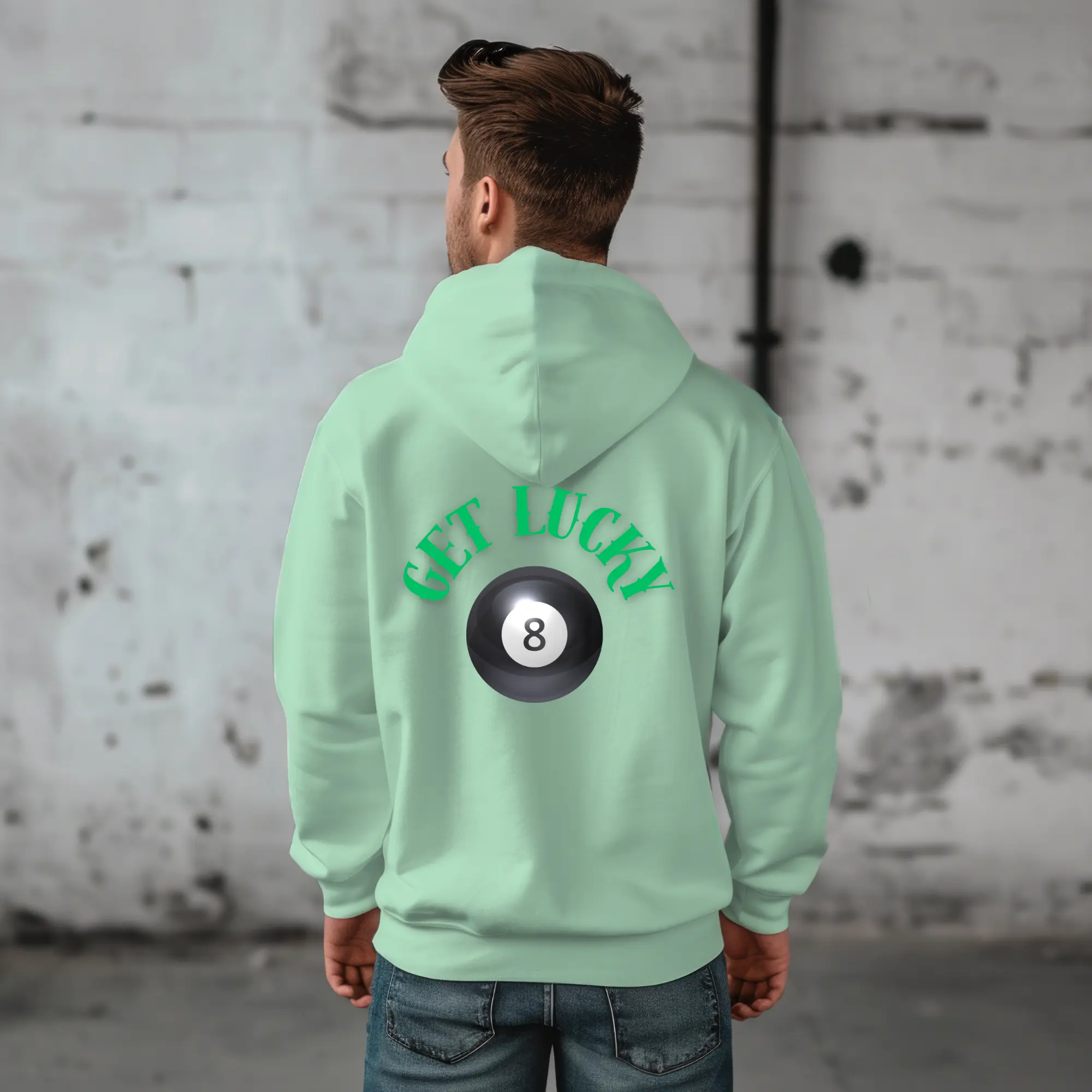 Men's 8-Ball Graphic Hoodie, Unisex Mint Green Fleece Pullover Sweatshirt with "Get Lucky" Print and Kangaroo Pocket, Polyester, Kangaroo Pouch, Unisex Sizes, Tops, Casual, Fabric, Knitted, Cotton, Drawstring, Cozy Fashion, Menswear, Billiards