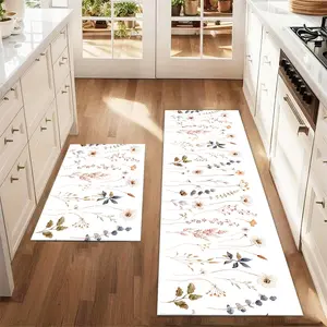 2Pcs Minimalist floral watercolor painting Floor mat set including farmhouse kitchen Rug dining room flooring laundry room decorative carpet mat Washable Kitchen Rugs