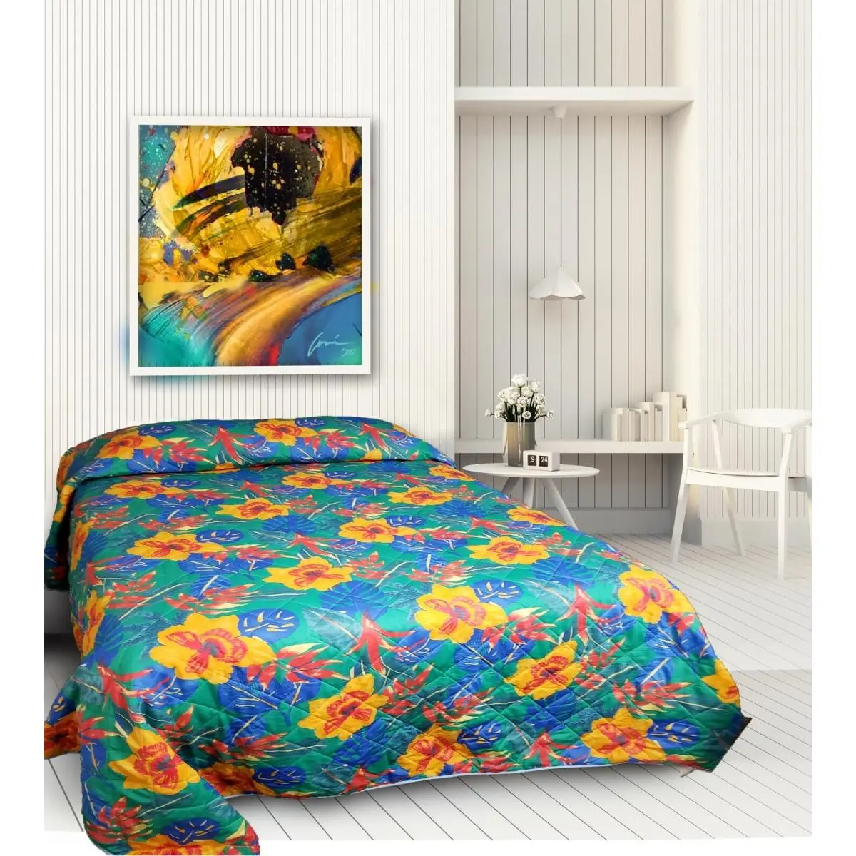 Rifz GKB8111001 Quilted Tropical Print Cotton Bedspread with Down Alternative Poly Fill - Blue, Orange & Yellow, Single (Twin Size)