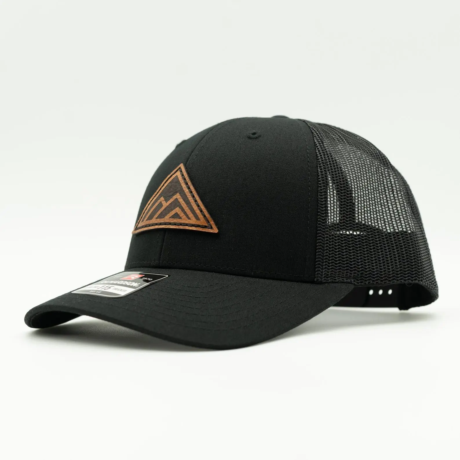Richardson 115 and 112 Hat with Dark Mountain Leather Patch Design - Modern and Stylish Accessory for Men and Women. Handmade and Sewn