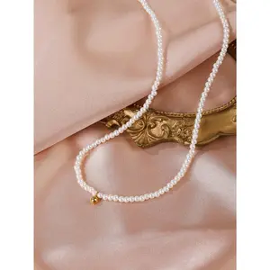 Elegant French Style Mini Pearl Choker with Gold Ball, High-End Light Luxury Clavicle Necklace for Women
