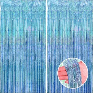 2 Pack 3.3x8.2 Feet Light Blue Foil Fringe Backdrop Curtains Glitter Tinsel Streamers Birthday Party Decorations Fringe Backdrop for Baby Shower Mermaid Under The Sea Ocean Frozen Party