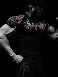 Men's Gothic Print Workout T-Shirt, Sporty T Shirt, Street Style, High Elasticity, Quick-Dry, Breathable, Slim Fit, Ideal for Gym Training