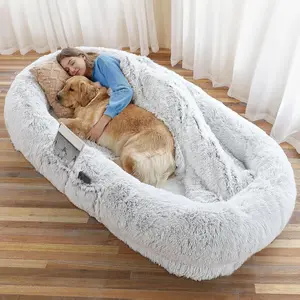 Dog Bed - 71"x45"x12" Fits You & Pets, Washable Faux Fur, Orthopedic, Plump Pillow, Blanket, Strap - Grey
