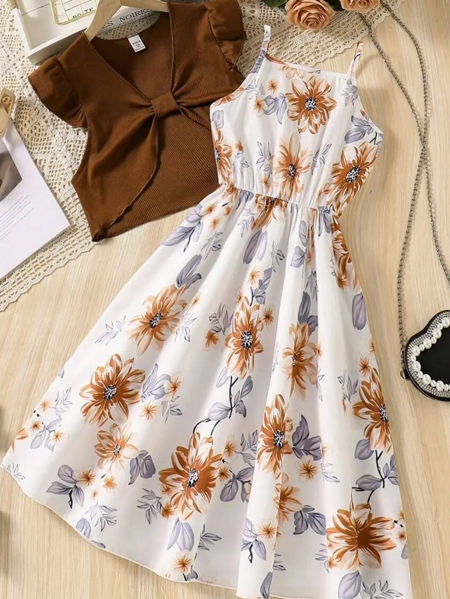 Teen Girls 2-Piece Floral Camisole And Cardigan Set, Summer Mini Dress Holiday Travel Casual Outfit