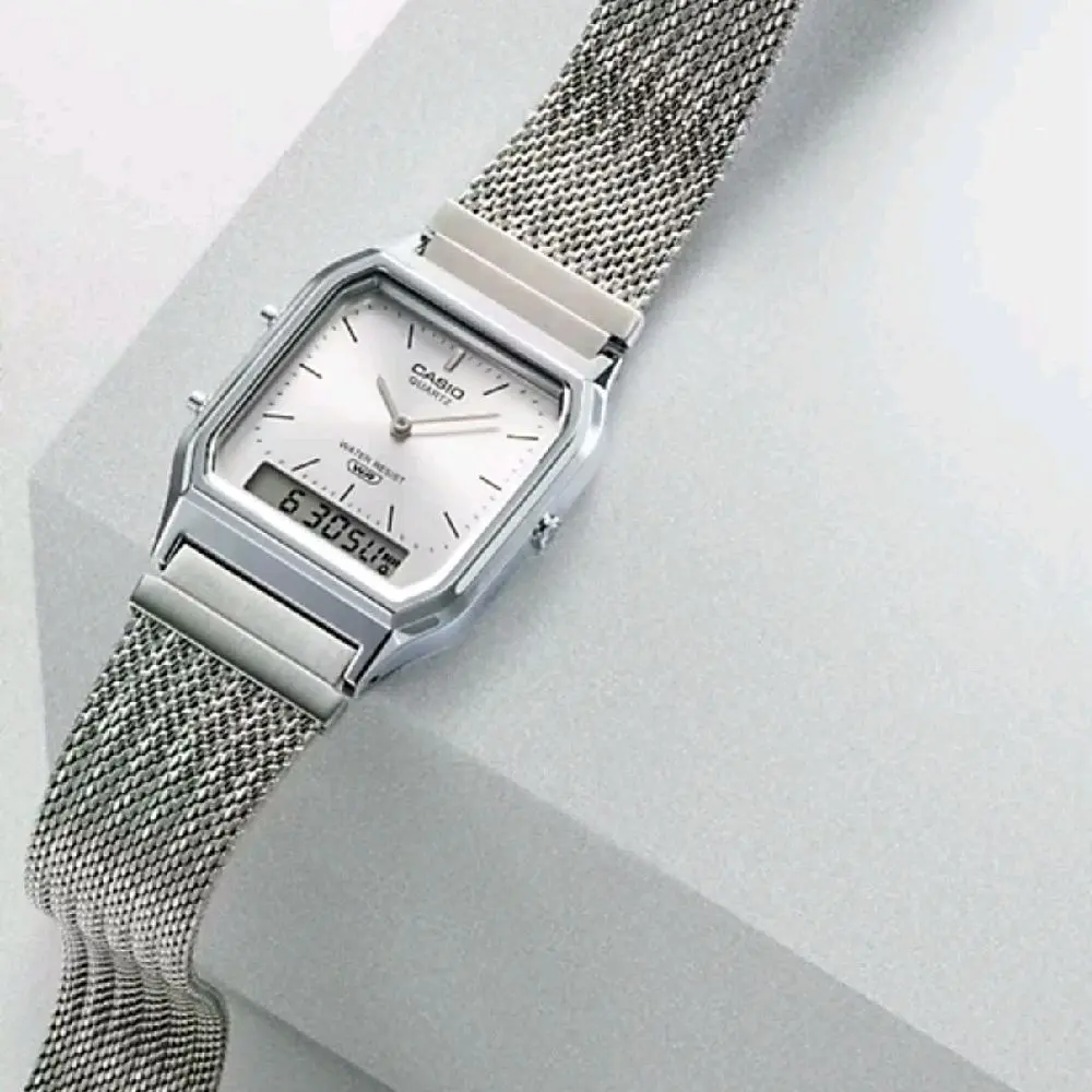 AQ230EM-7A New Casio Vintage Mesh bracelet Ana/digi unisex watch " New Casio style"