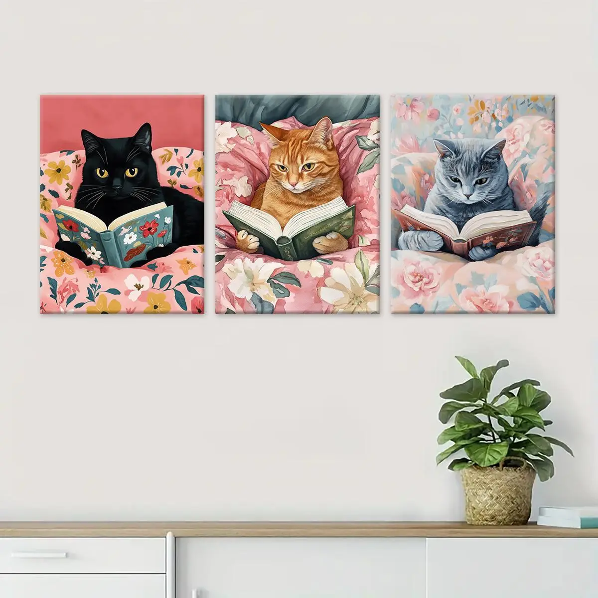 Cat Reading Book Pattern Canvas Painting with Frame, 3 Counts/set Colorful Animal Reading, Wall Decor for Home Living Room Bedroom Office Hanging Wall Art Cat Reading Book Pattern Canvas Painting with Frame, 3 Counts/set Colorful Animal Reading, Wall Decor for Home Living Room Bedroom Office Hanging Wall Art